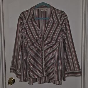 Cato Multistripe Button-Front Blouse in Pink, White and Brown